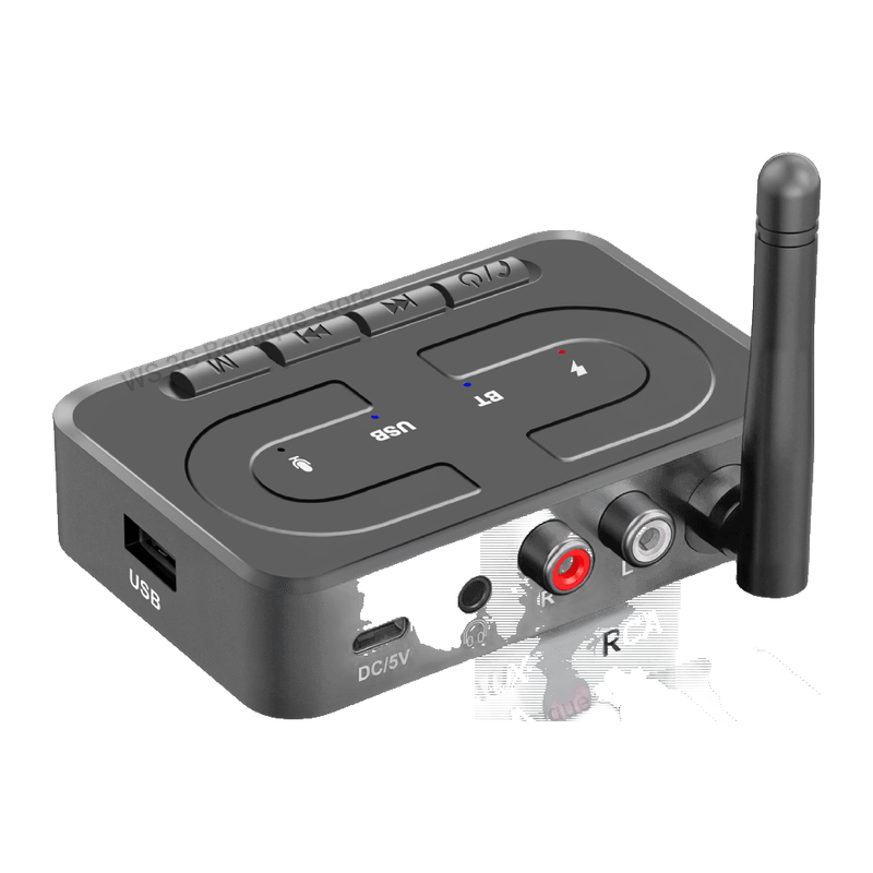 מקלט Bluetooth קטן עם אנטנה וכבלי AUX ו-RCA